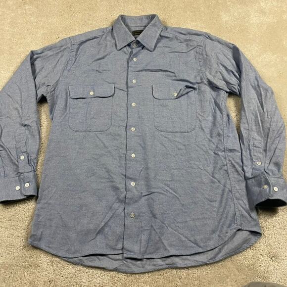 VTG Holland & Sherry Shirt Mens L Blue Button Up 90s Work Double Pocket Menswear - Picture 1 of 7